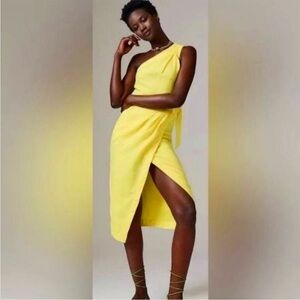 Anthropologie One-Shoulder Linen Yellow Dress 14 Women’s Midi Wrap